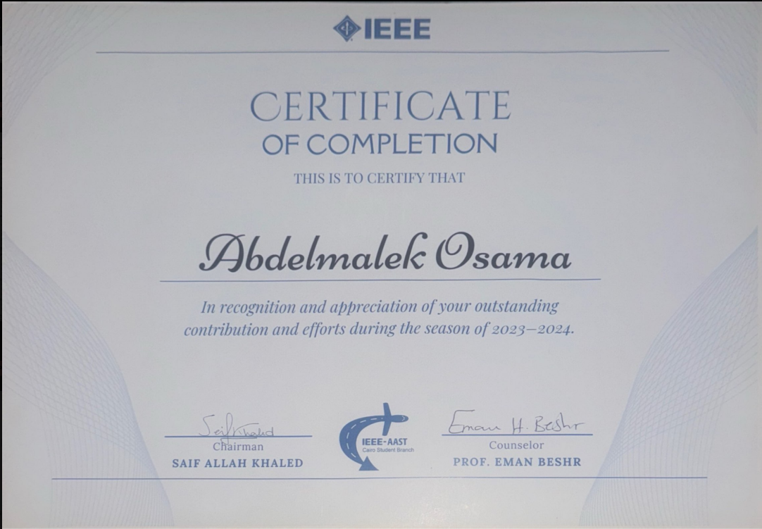 IEEE AAST Cairo Certificate of Completion